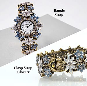 Strada Gray Color Austrian Crystal Japanese Movement Flower Pattern Bangle Watch in Black Oxidized Bronze Plating (39.37 mm) (6.50-6.75 Inches)