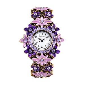 Strada Purple Color Austrian Crystal Japanese Movement Flower Pattern Bangle Watch in Black Oxidized Bronze Plating (39.37 mm) (6.50-6.75 Inches)