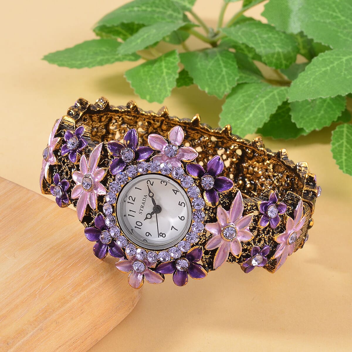 Strada Purple Color Austrian Crystal Japanese Movement Flower Pattern Bangle Watch in Black Oxidized Bronze Plating (39.37 mm) (6.50-6.75 Inches) image number 1