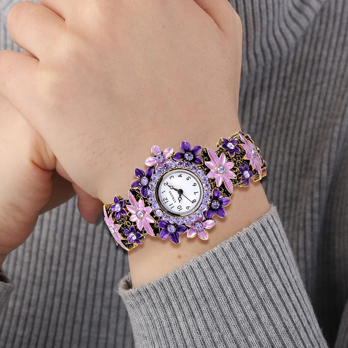 Strada Purple Color Austrian Crystal Japanese Movement Flower Pattern Bangle Watch in Black Oxidized Bronze Plating (39.37 mm) (6.50-6.75 Inches) image number 2