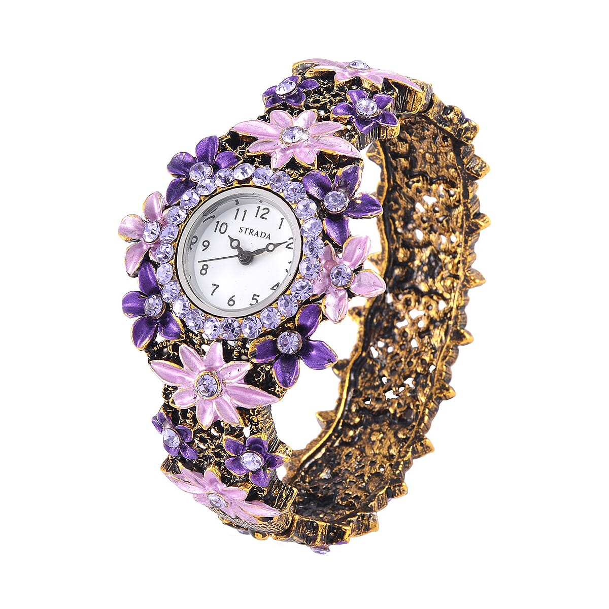 Strada Purple Color Austrian Crystal Japanese Movement Flower Pattern Bangle Watch in Black Oxidized Bronze Plating (39.37 mm) (6.50-6.75 Inches) image number 3