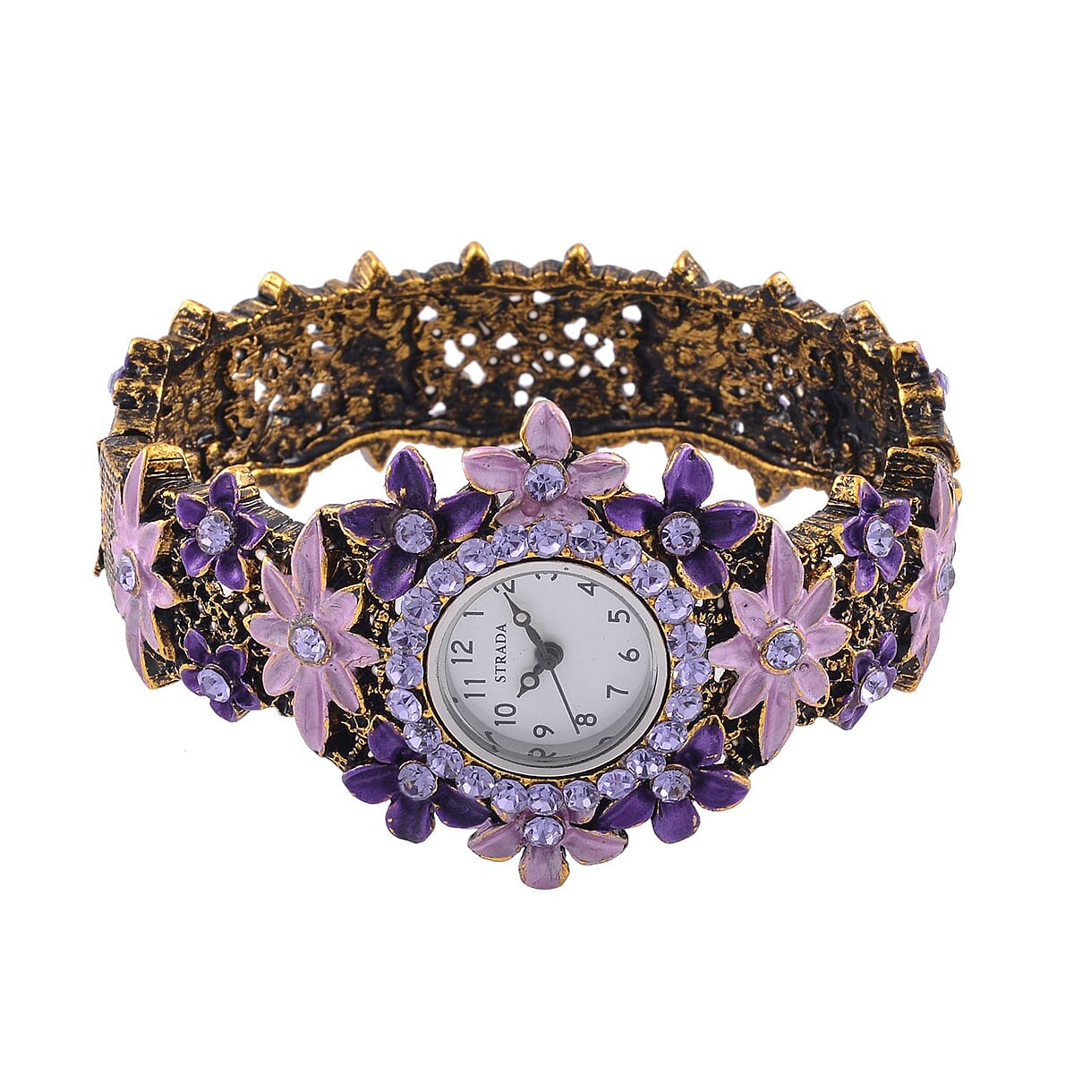 Strada Purple Color Austrian Crystal Japanese Movement Flower Pattern Bangle Watch in Black Oxidized Bronze Plating (39.37 mm) (6.50-6.75 Inches) image number 4