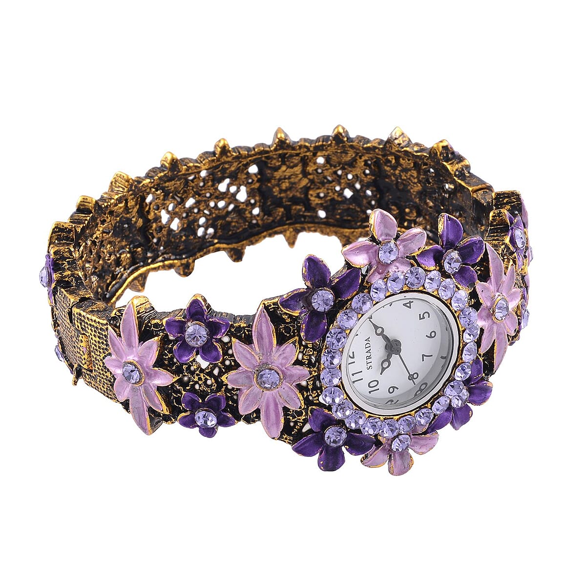 Strada Purple Color Austrian Crystal Japanese Movement Flower Pattern Bangle Watch in Black Oxidized Bronze Plating (39.37 mm) (6.50-6.75 Inches) image number 5