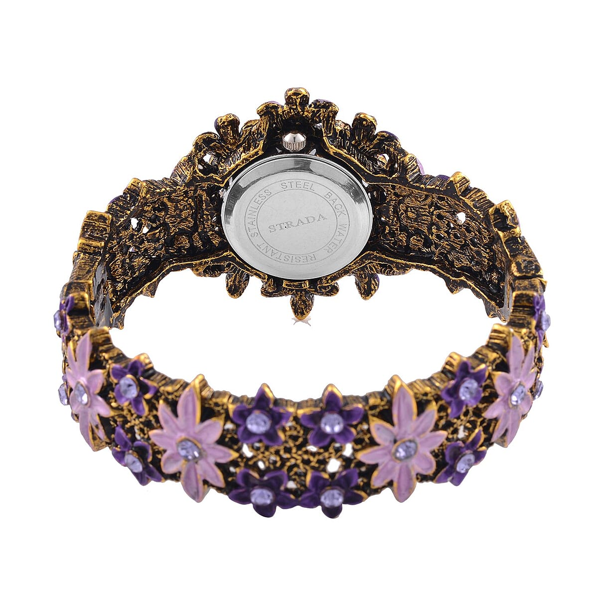 Strada Purple Color Austrian Crystal Japanese Movement Flower Pattern Bangle Watch in Black Oxidized Bronze Plating (39.37 mm) (6.50-6.75 Inches) image number 6