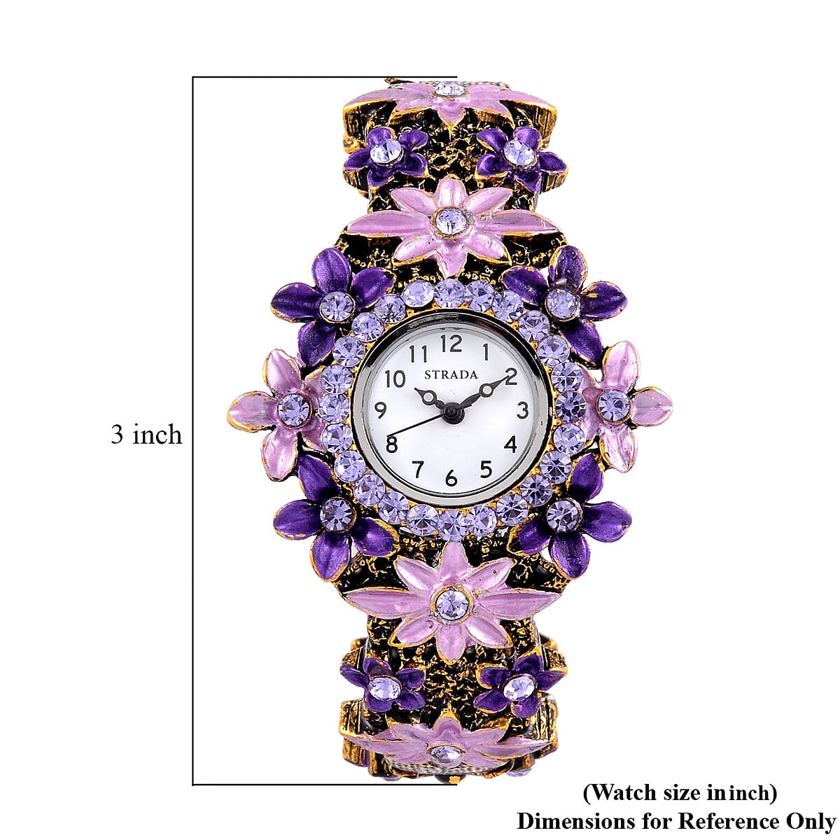 Strada Purple Color Austrian Crystal Japanese Movement Flower Pattern Bangle Watch in Black Oxidized Bronze Plating (39.37 mm) (6.50-6.75 Inches) image number 7