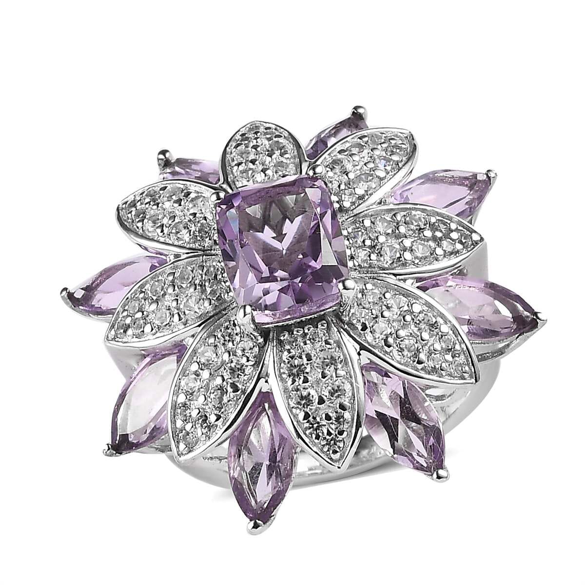 GP Italian Garden Collection Premium Rose De France Amethyst and White Zircon Floral Ring in Platinum Over Sterling Silver 7.65 ctw image number 0