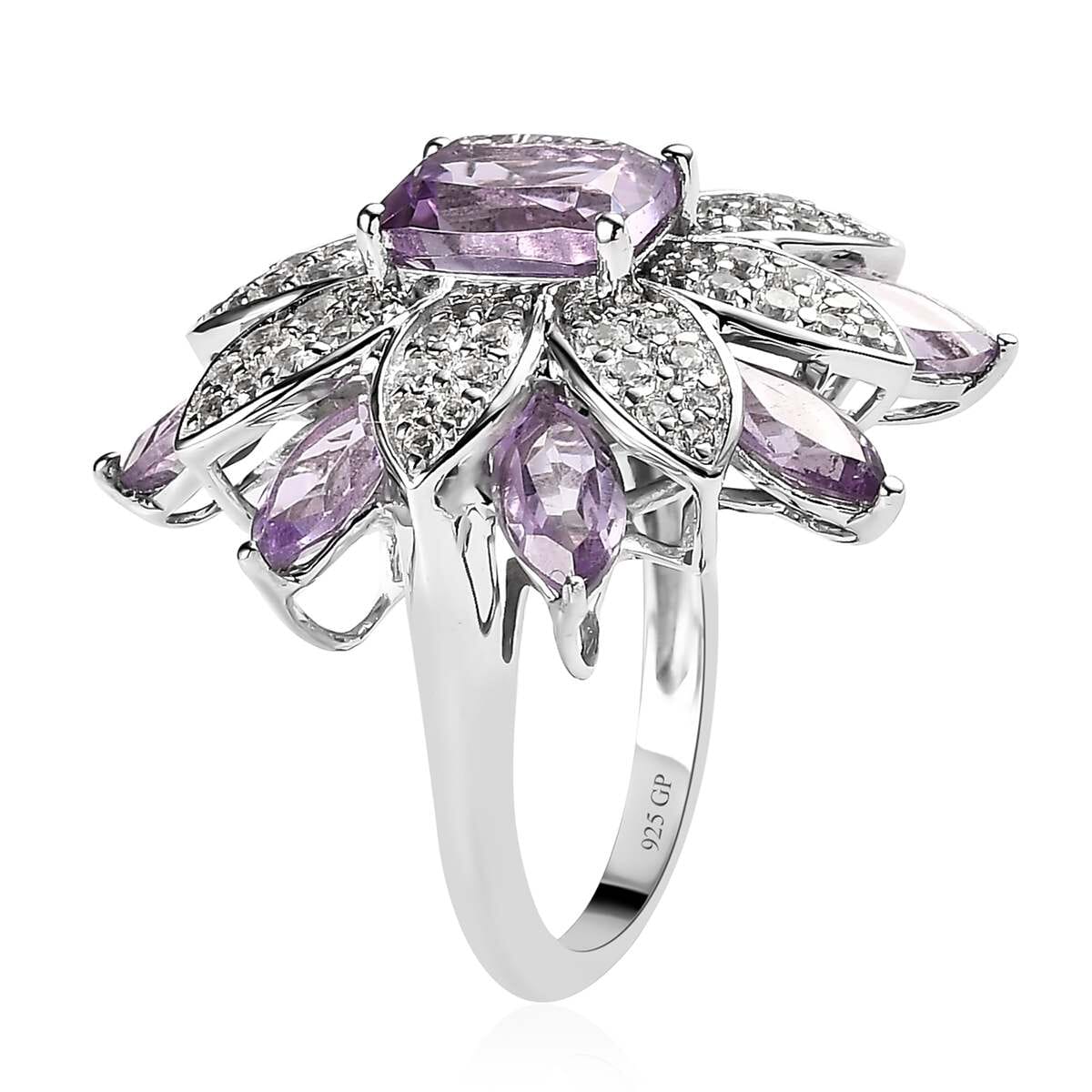 GP Italian Garden Collection Premium Rose De France Amethyst and White Zircon Floral Ring in Platinum Over Sterling Silver 7.65 ctw image number 3