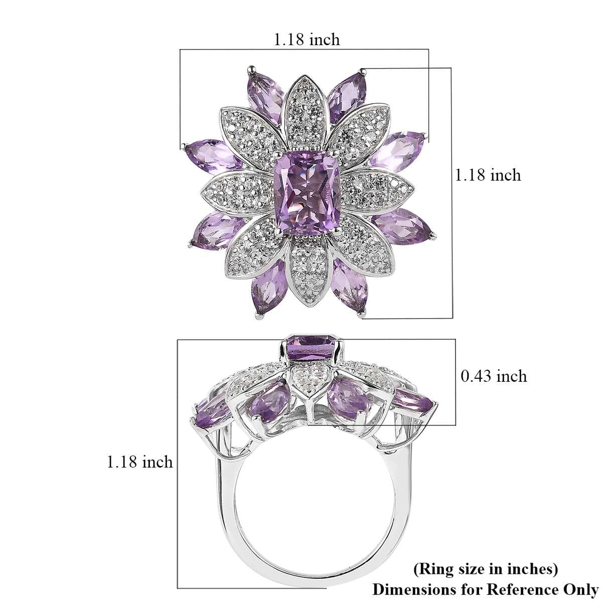 GP Italian Garden Collection Premium Rose De France Amethyst and White Zircon Floral Ring in Platinum Over Sterling Silver 7.65 ctw image number 5