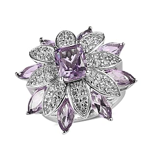 GP Italian Garden Collection Premium Rose De France Amethyst and White Zircon Floral Ring in Platinum Over Sterling Silver (Size 9.0) 7.65 ctw