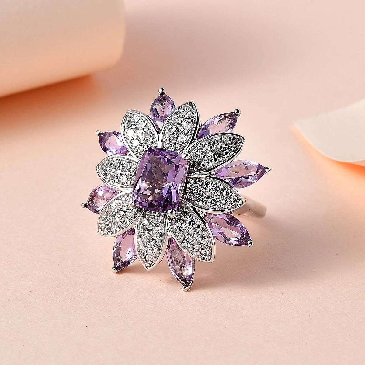 GP Italian Garden Collection Premium Rose De France Amethyst and White Zircon Floral Ring in Platinum Over Sterling Silver (Size 9.0) 7.65 ctw image number 1
