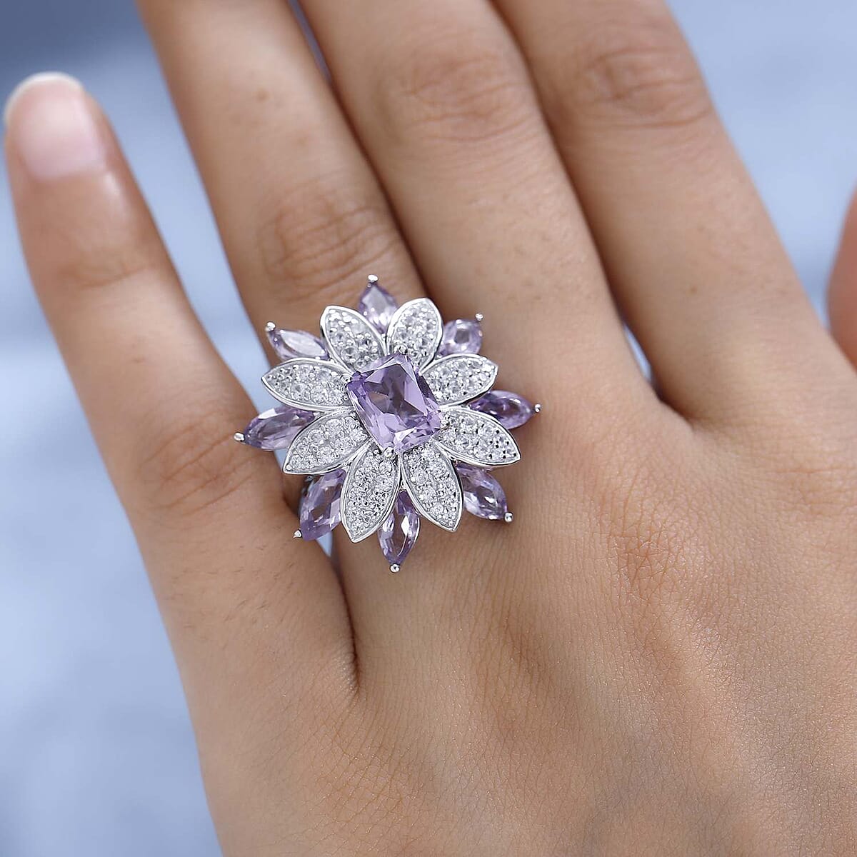 GP Italian Garden Collection Premium Rose De France Amethyst and White Zircon Floral Ring in Platinum Over Sterling Silver (Size 9.0) 7.65 ctw image number 2