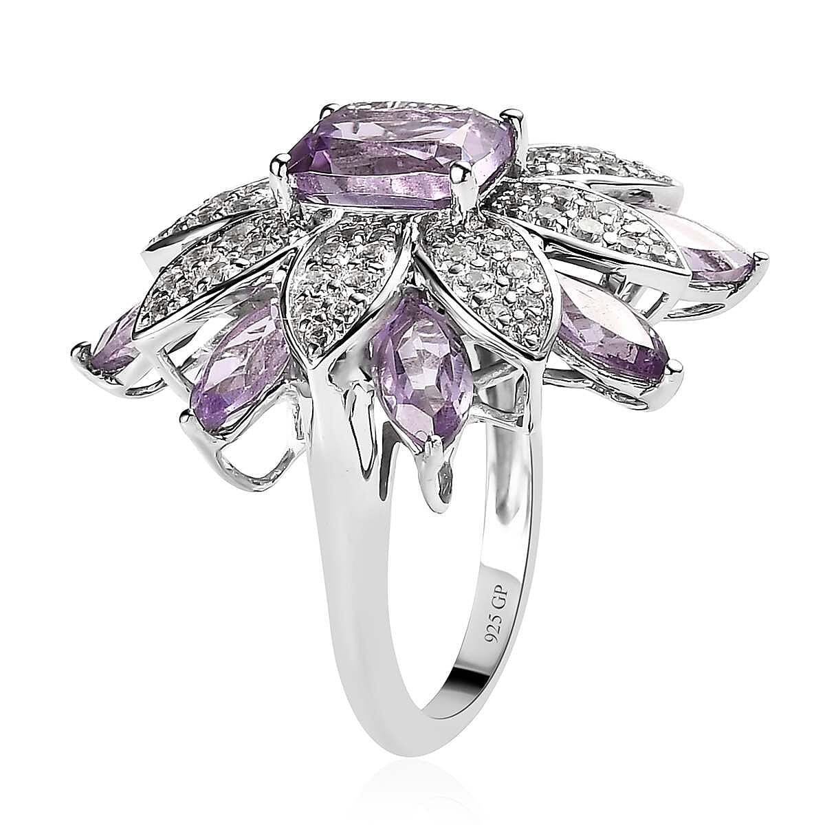 GP Italian Garden Collection Premium Rose De France Amethyst and White Zircon Floral Ring in Platinum Over Sterling Silver (Size 9.0) 7.65 ctw image number 3