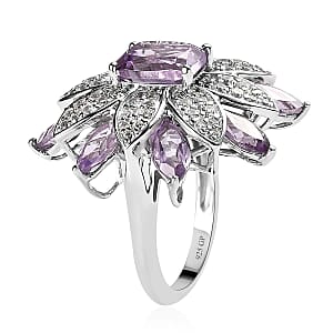 GP Italian Garden Collection Premium Rose De France Amethyst and White Zircon Floral Ring in Platinum Over Sterling Silver (Size 9.0) 7.65 ctw
