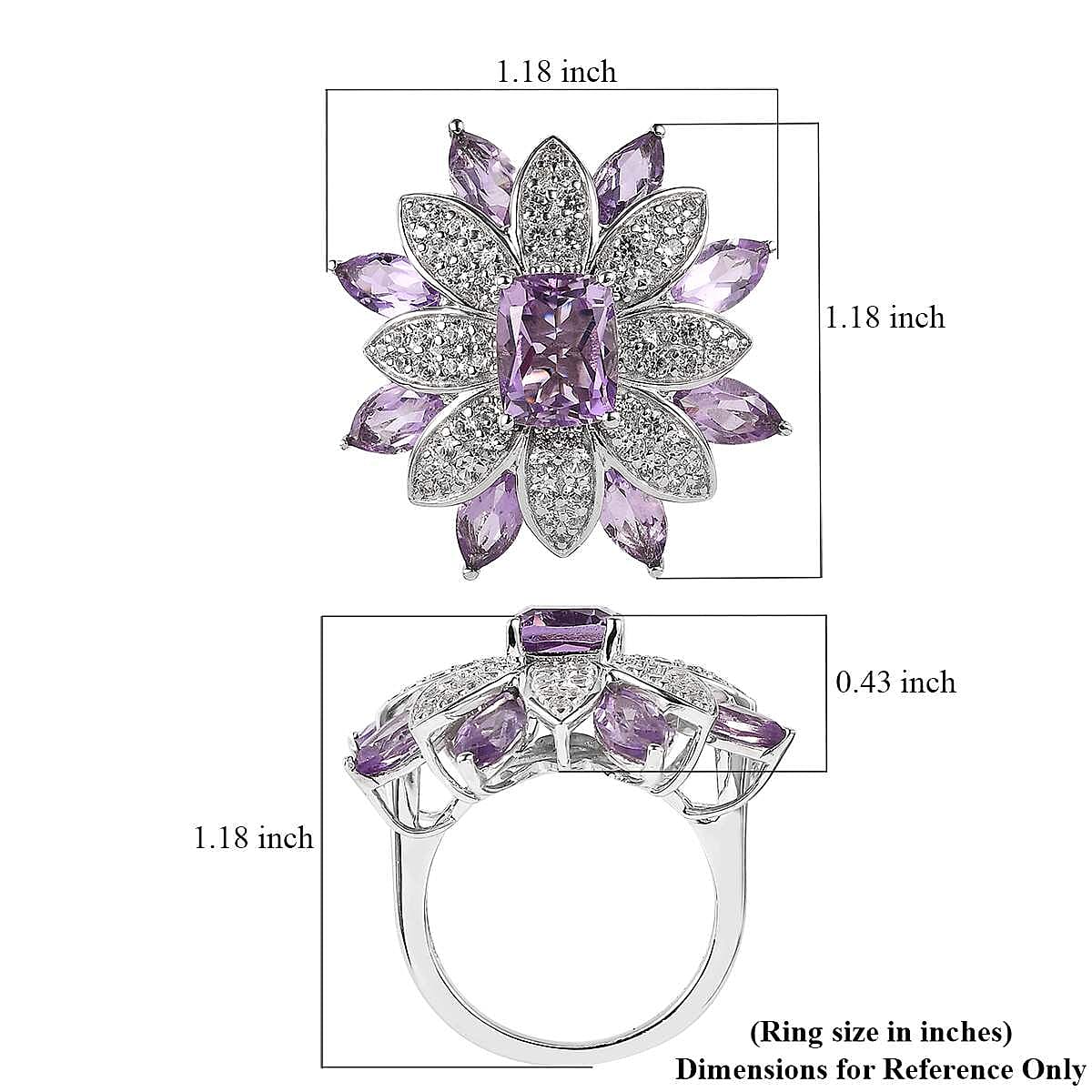 GP Italian Garden Collection Premium Rose De France Amethyst and White Zircon Floral Ring in Platinum Over Sterling Silver (Size 9.0) 7.65 ctw image number 5
