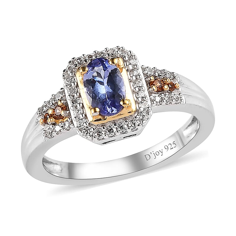 Tanzanite, Brown and White Zircon Halo Ring in Vermeil YG and Platinum Over Sterling Silver (Size 10.0) 0.75 ctw
