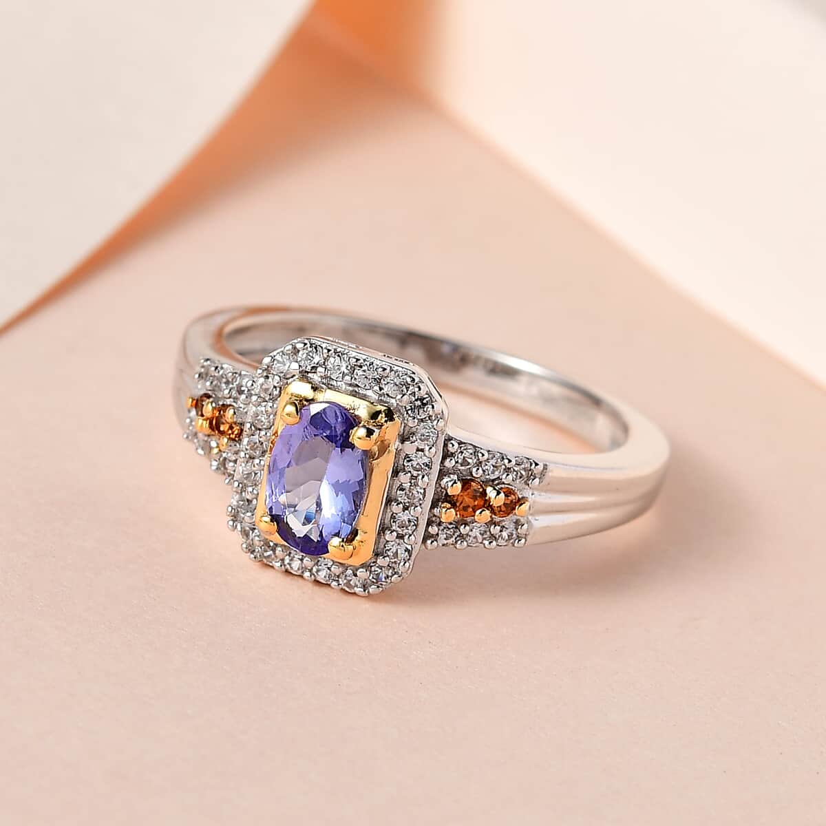 Tanzanite, Brown and White Zircon Halo Ring in Vermeil YG and Platinum Over Sterling Silver 0.75 ctw image number 1