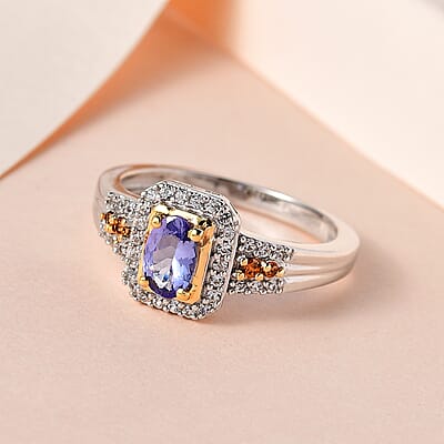 Tanzanite, Brown and White Zircon Halo Ring in Vermeil YG and Platinum Over Sterling Silver (Size 10.0) 0.75 ctw
