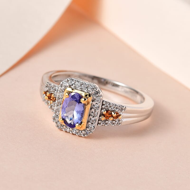 Tanzanite, Brown and White Zircon Halo Ring in Vermeil YG and Platinum Over Sterling Silver (Size 10.0) 0.75 ctw