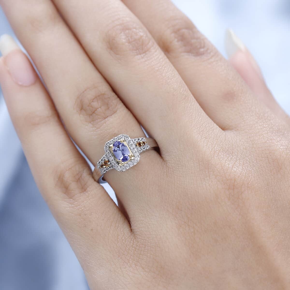 Tanzanite, Brown and White Zircon Halo Ring in Vermeil YG and Platinum Over Sterling Silver 0.75 ctw image number 2