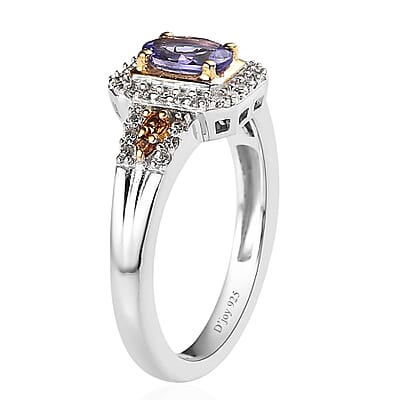 Tanzanite, Brown and White Zircon Halo Ring in Vermeil YG and Platinum Over Sterling Silver (Size 10.0) 0.75 ctw