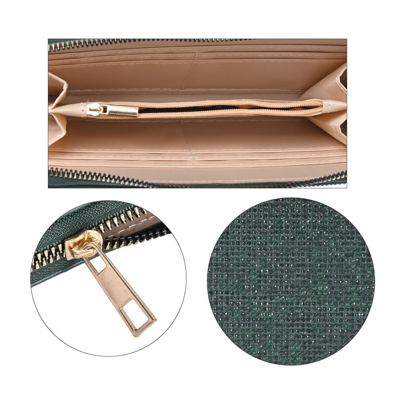 Green Color Sparkling Rhinestone and Faux Leather Wallet