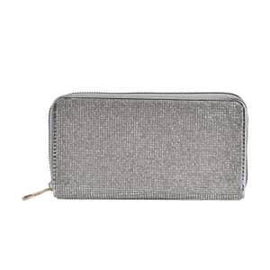 Silver Sparkling Rhinestone and Faux Leather Wallet (7.5x0.98x3.9)