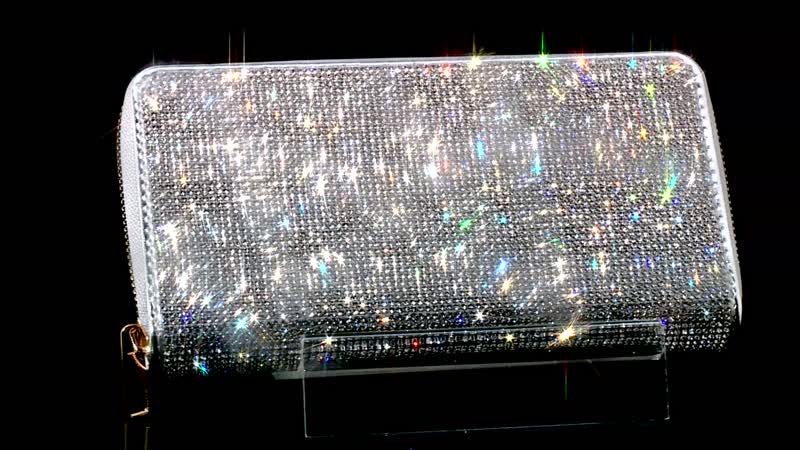 Champagne Color Sparkling Rhinestone and Fuax Leather Wallet (7.5"x0.98"x3.9")