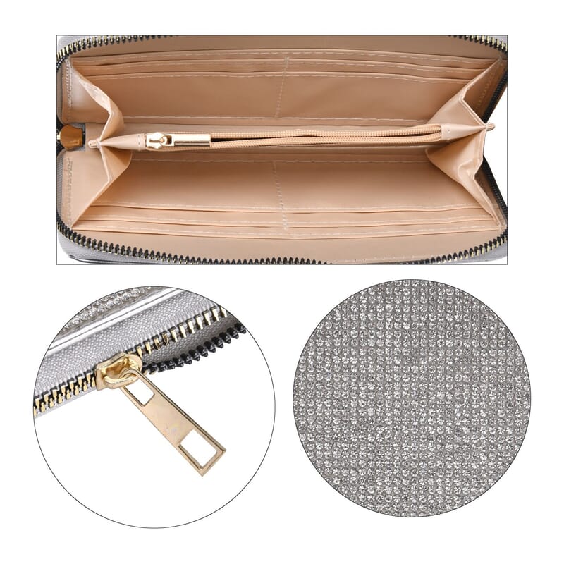 Silver Sparkling Rhinestone and Faux Leather Wallet (7.5x0.98x3.9)