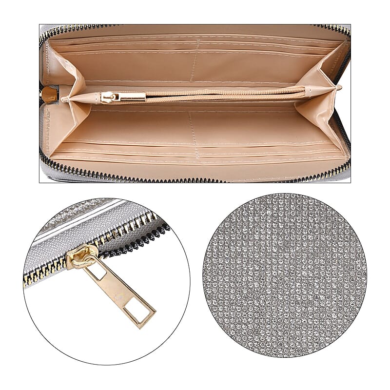 Silver Sparkling Rhinestone and Faux Leather Wallet (7.5x0.98x3.9)