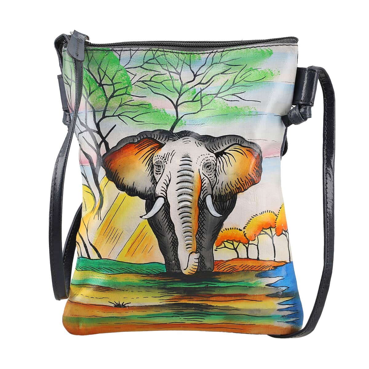 Buy VIVID by SUKRITI Dark Gray Traditional Elephant Pattern Hand Painted Genuine  Leather Crossbody Bag at ShopLC.
