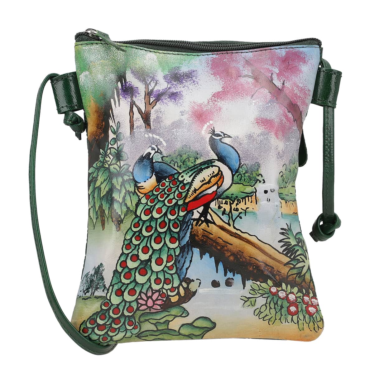 Vivid by Sukriti Dark Green Peacock Pattern Hand Painted Genuine Leather Crossbody Bag image number 0