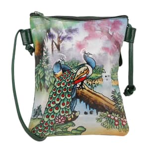 Vivid by Sukriti Dark Green Peacock Pattern Hand Painted Genuine Leather Crossbody Bag