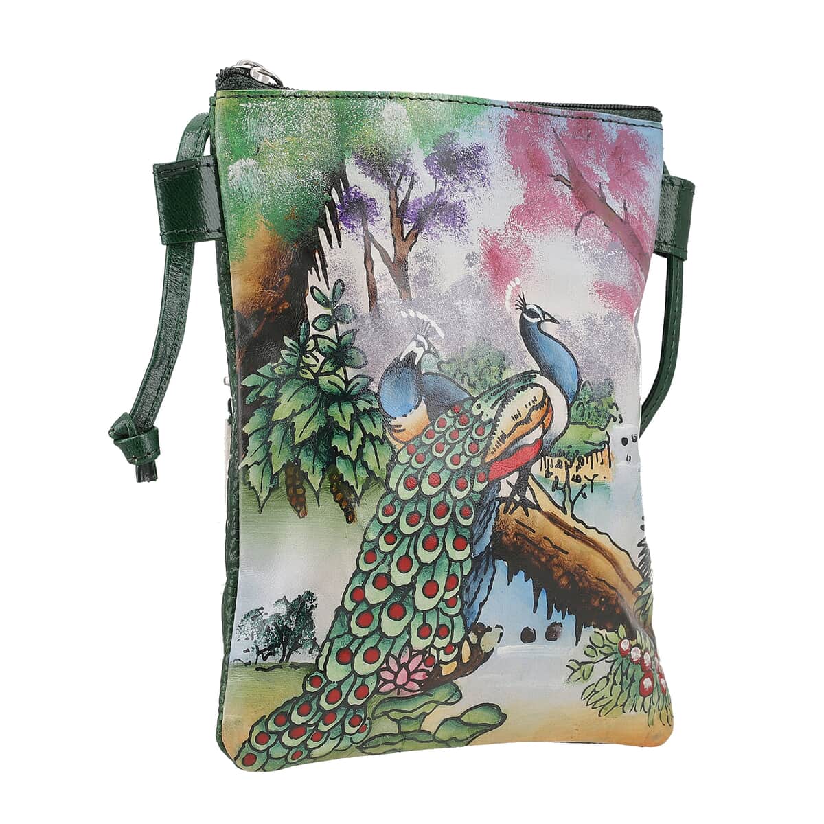 Vivid by Sukriti Dark Green Peacock Pattern Hand Painted Genuine Leather Crossbody Bag image number 3