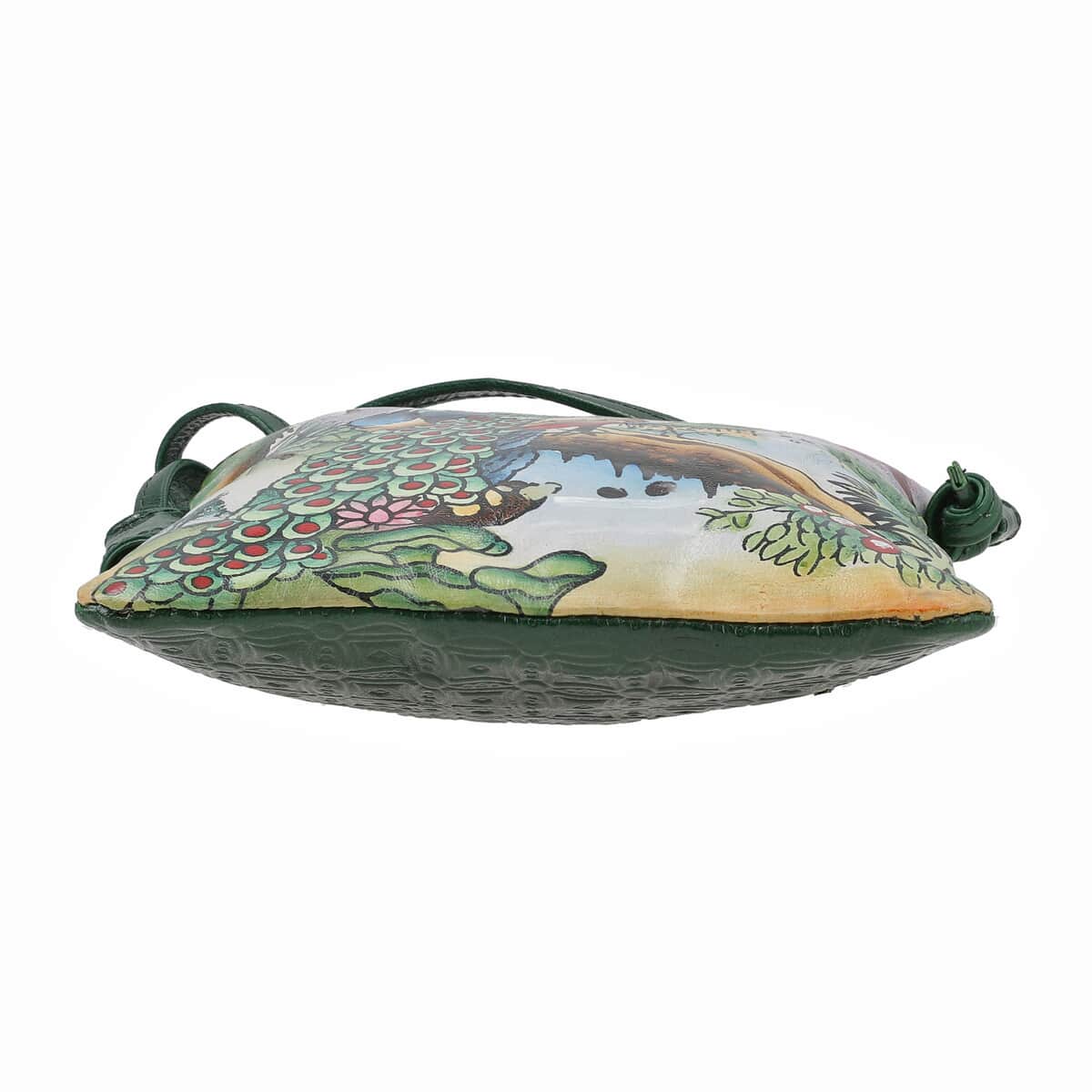 Vivid by Sukriti Dark Green Peacock Pattern Hand Painted Genuine Leather Crossbody Bag image number 6