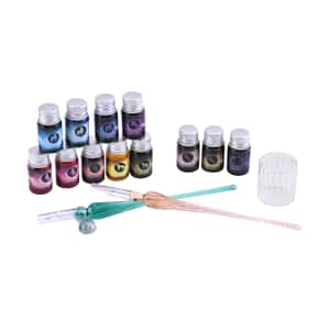 Set of 17 Multi Color Ink Glass Pen (Ink Color 12pcs, Pen Holder 2pcs, Pen 2pcs and Cleaning Cup 1pcs)