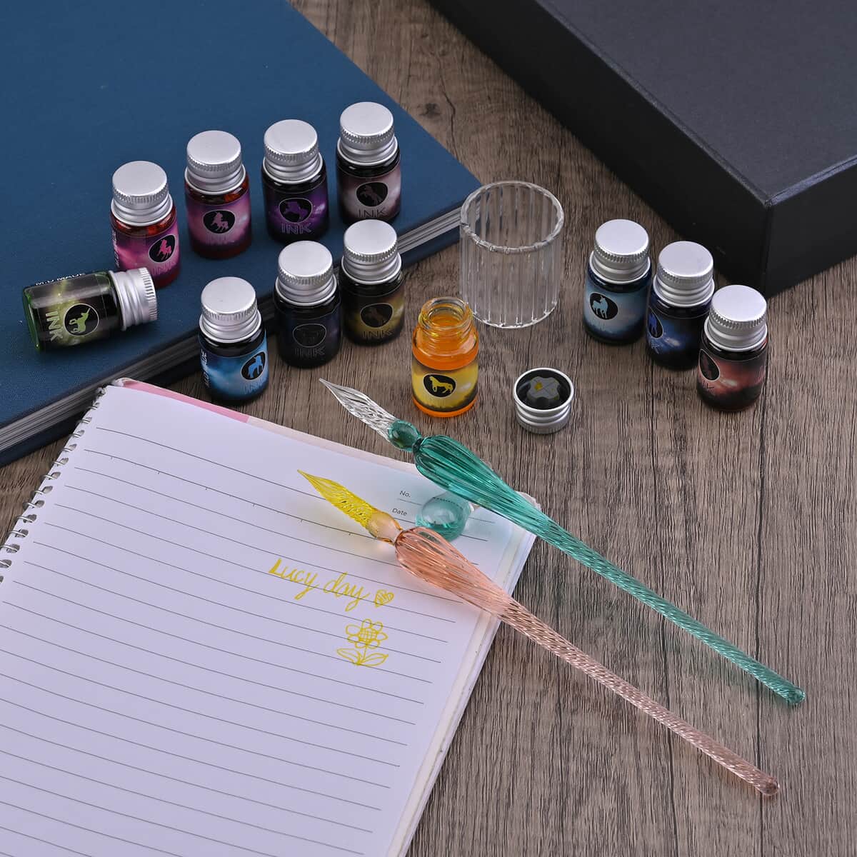 Set of 17 Multi Color Ink Glass Pen (Ink Color 12pcs, Pen Holder 2pcs, Pen 2pcs and Cleaning Cup 1pcs) image number 1