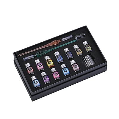 Set of 17 Multi Color Ink Glass Pen (Ink Color 12pcs, Pen Holder 2pcs, Pen 2pcs and Cleaning Cup 1pcs)