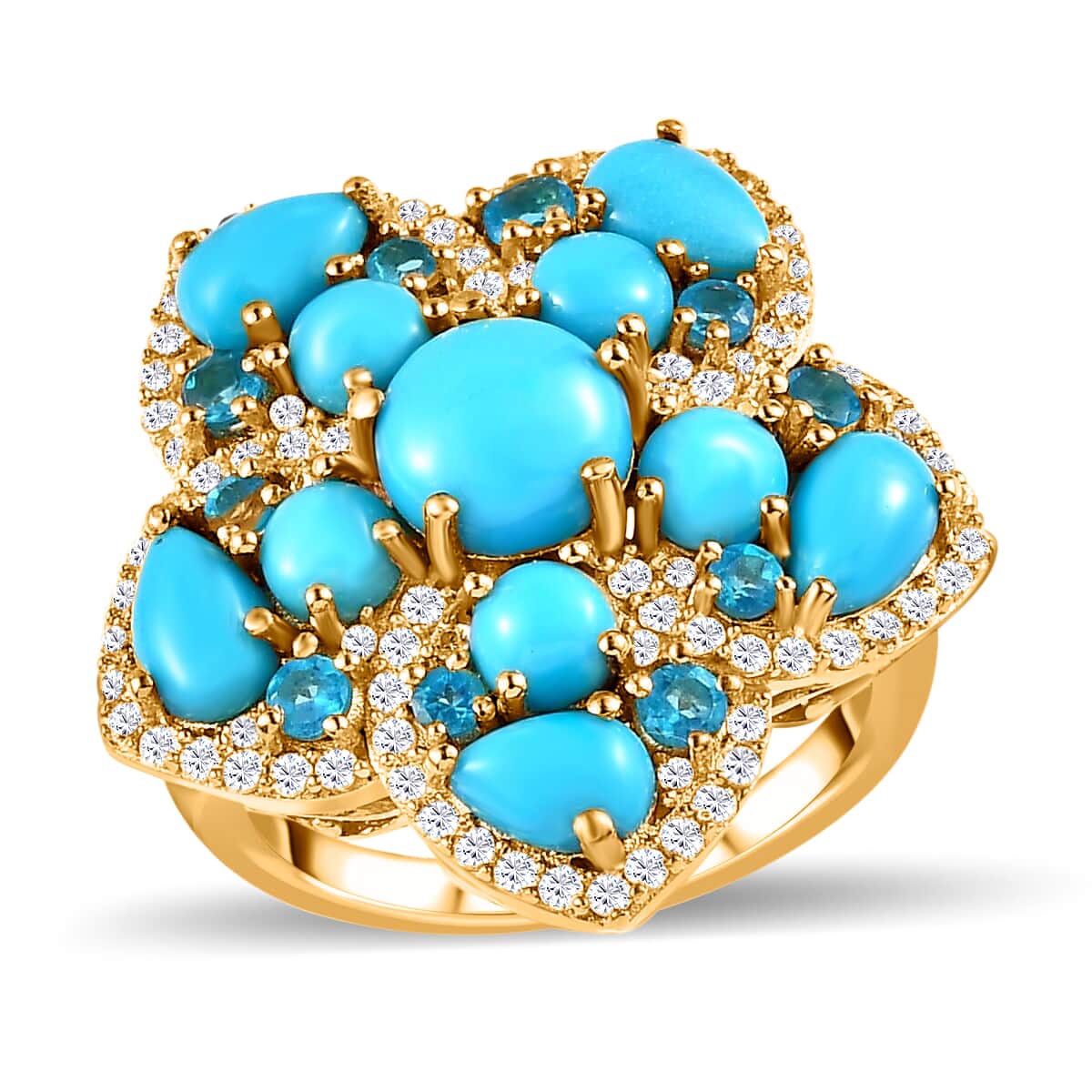 Premium Sleeping Beauty Turquoise and Multi Gemstone Floral Ring in Vermeil Yellow Gold Over Sterling Silver (Size 10.0) 6.25 ctw image number 0