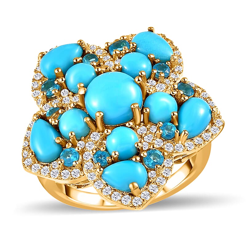 Premium Sleeping Beauty Turquoise Floral Cluster Ring, Multi Gemstone Accent Ring, Vermeil Yellow Gold Over Sterling Silver Ring, Turquoise Jewelry For Her 6.25 ctw