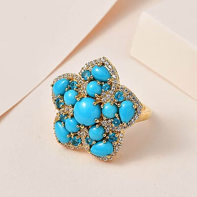 Premium Sleeping Beauty Turquoise Floral Cluster Ring, Multi Gemstone Accent Ring, Vermeil Yellow Gold Over Sterling Silver Ring, Turquoise Jewelry For Her 6.25 ctw
