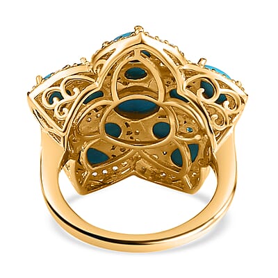 Premium Sleeping Beauty Turquoise Floral Cluster Ring, Multi Gemstone Accent Ring, Vermeil Yellow Gold Over Sterling Silver Ring, Turquoise Jewelry For Her 6.25 ctw