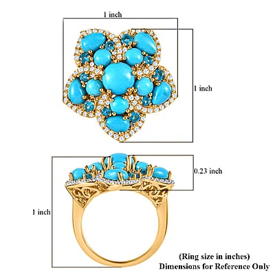 Premium Sleeping Beauty Turquoise Floral Cluster Ring, Multi Gemstone Accent Ring, Vermeil Yellow Gold Over Sterling Silver Ring, Turquoise Jewelry For Her 6.25 ctw