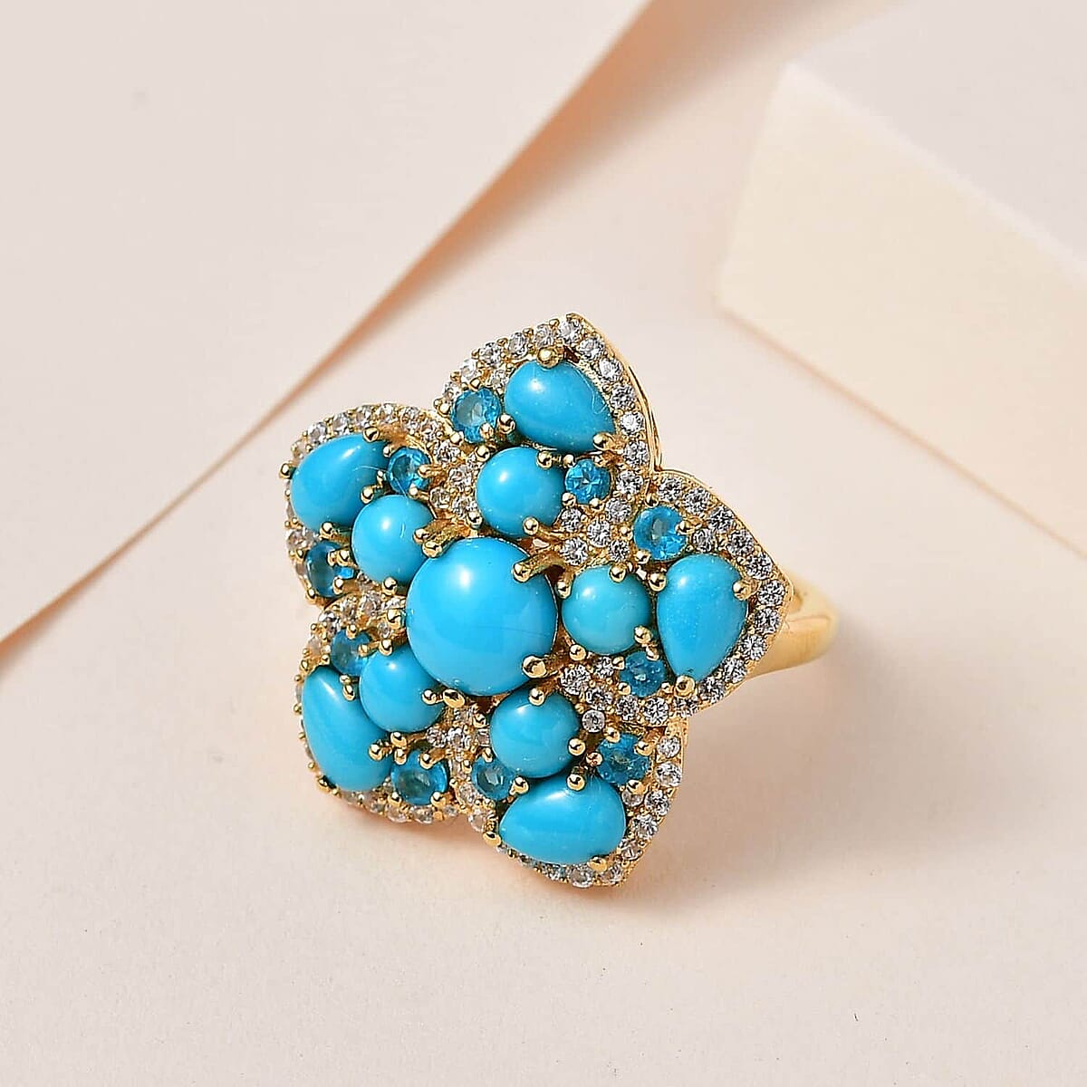 Premium Sleeping Beauty Turquoise Floral Cluster Ring, Multi Gemstone Accent Ring, Vermeil Yellow Gold Over Sterling Silver Ring, Turquoise Jewelry For Her 6.25 ctw image number 1