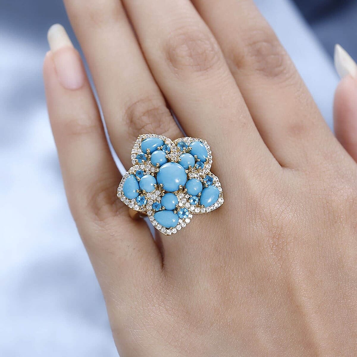 Premium Sleeping Beauty Turquoise Floral Cluster Ring, Multi Gemstone Accent Ring, Vermeil Yellow Gold Over Sterling Silver Ring, Turquoise Jewelry For Her 6.25 ctw image number 2