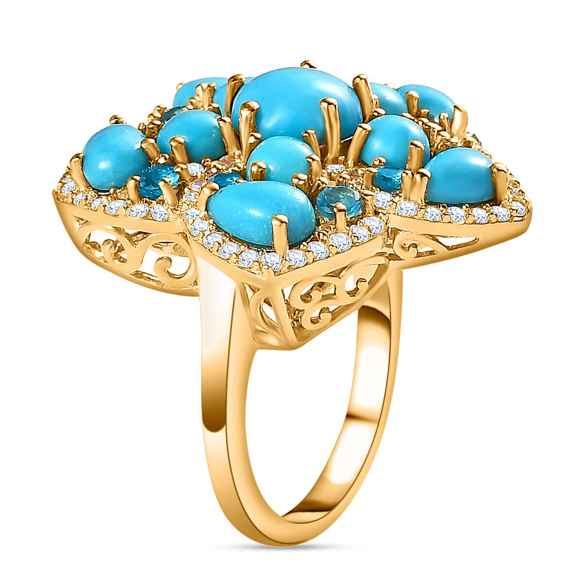 Premium Sleeping Beauty Turquoise Floral Cluster Ring, Multi Gemstone Accent Ring, Vermeil Yellow Gold Over Sterling Silver Ring, Turquoise Jewelry For Her 6.25 ctw image number 3