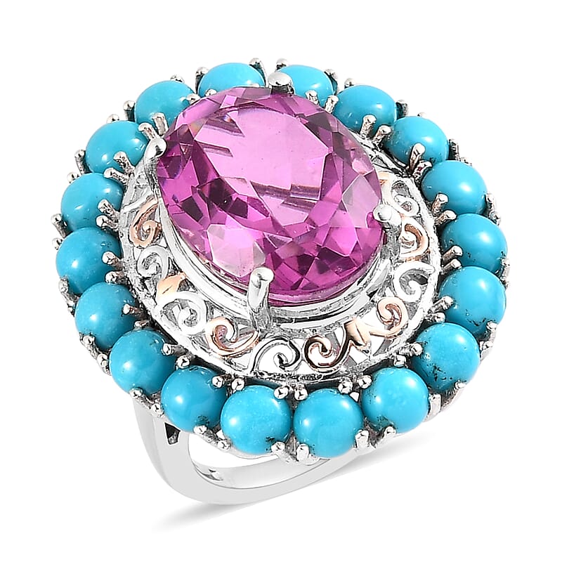 Radiant Orchid Quartz (Triplet) and Sleeping Beauty Turquoise Halo Ring in Vermeil RG and Platinum Over Sterling Silver (Size 10.0) 14.65 ctw