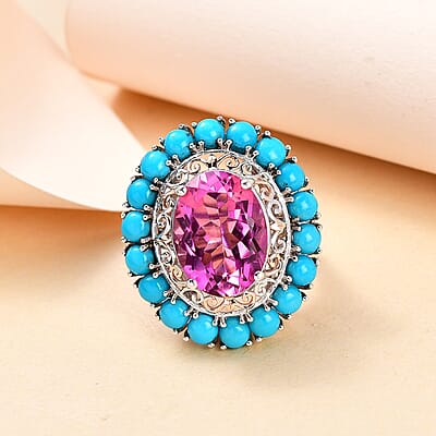 Radiant Orchid Quartz (Triplet) and Sleeping Beauty Turquoise Halo Ring in Vermeil RG and Platinum Over Sterling Silver (Size 10.0) 14.65 ctw