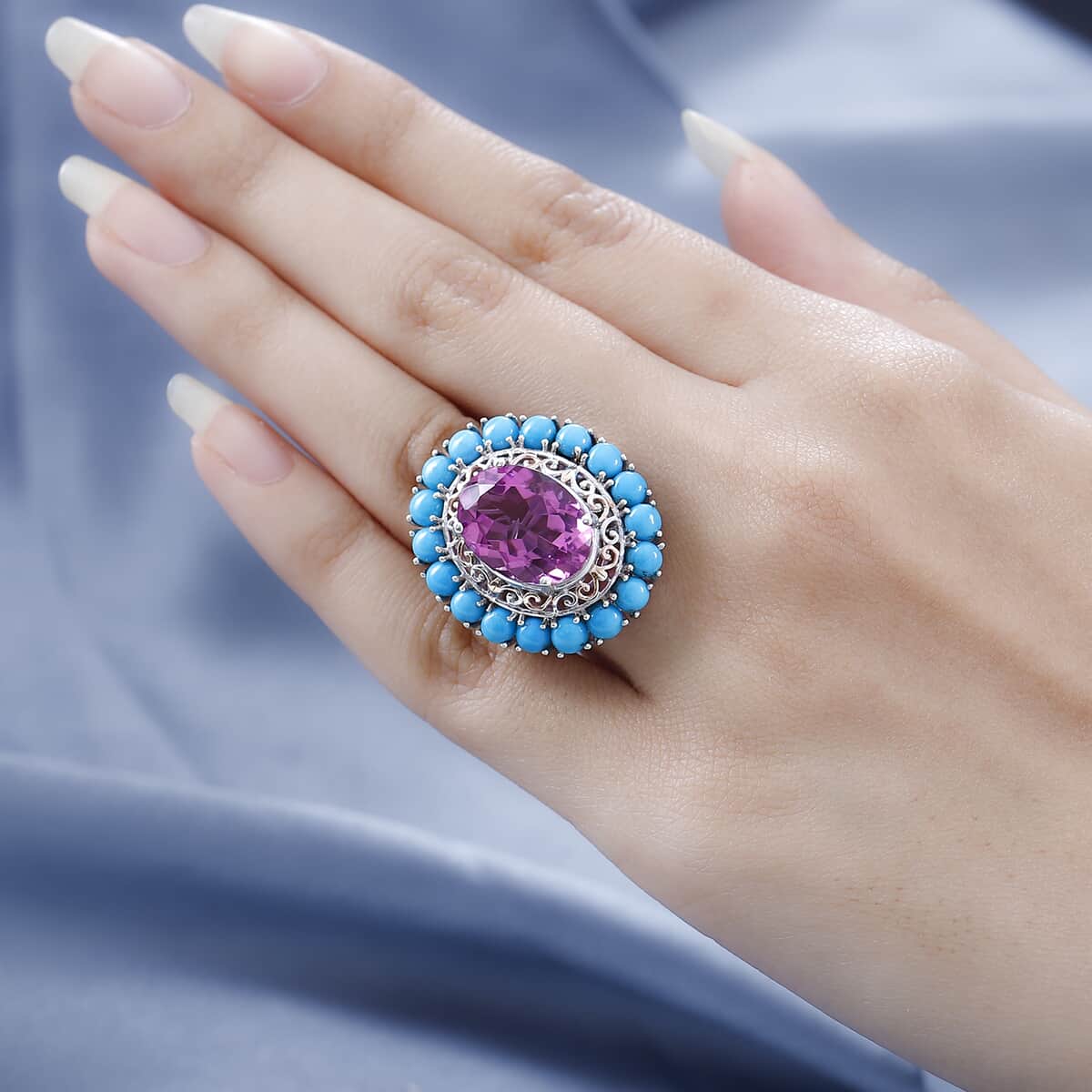 Radiant Orchid Quartz (Triplet) and Sleeping Beauty Turquoise Halo Ring in Vermeil RG and Platinum Over Sterling Silver 14.65 ctw image number 2