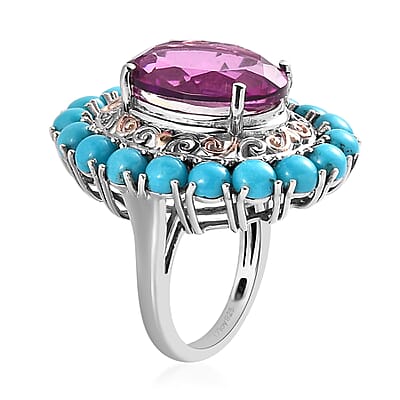 Radiant Orchid Quartz (Triplet) and Sleeping Beauty Turquoise Halo Ring in Vermeil RG and Platinum Over Sterling Silver (Size 10.0) 14.65 ctw