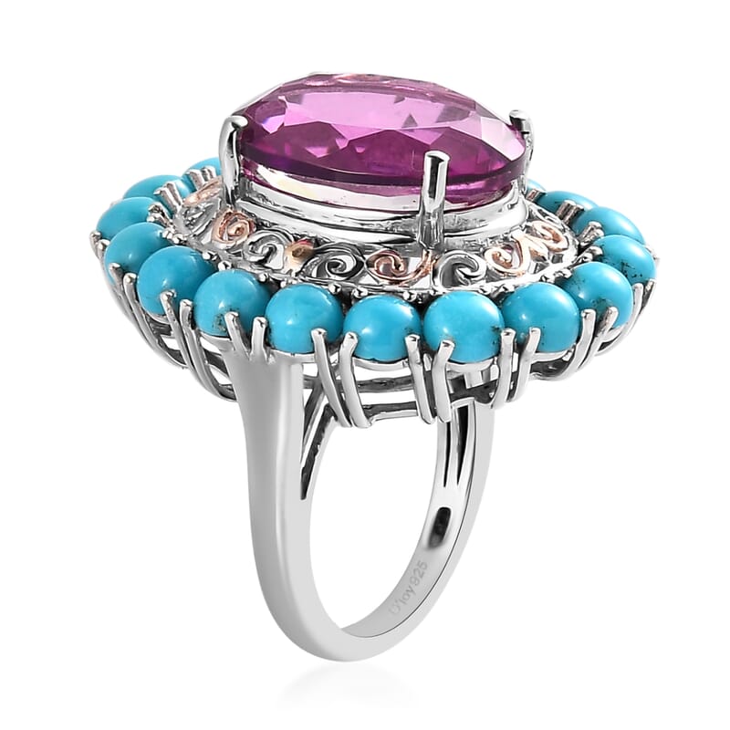 Radiant Orchid Quartz (Triplet) and Sleeping Beauty Turquoise Halo Ring in Vermeil RG and Platinum Over Sterling Silver (Size 10.0) 14.65 ctw